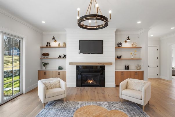 Fireplace, Interior, Pendant Lights, Recessed Lighting, Wood Texture Flooring