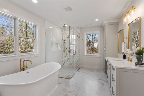 Bathroom, Free Standing Baths, Glass Shower, Interior, Marble, Marble Walls, Recessed Lighting