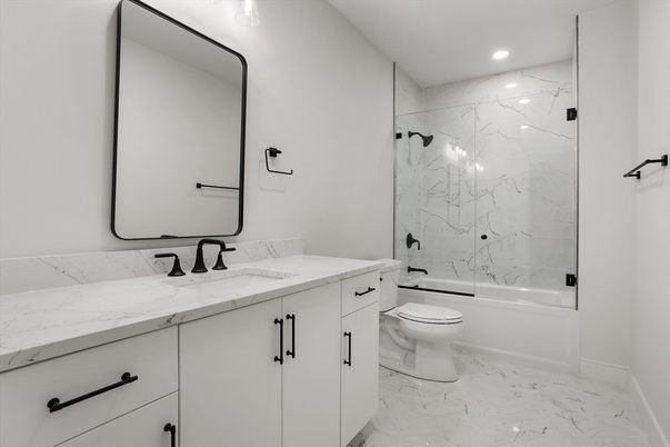 Bathroom, Glass Shower, Interior, Marble, Marble Walls, Recessed Lighting