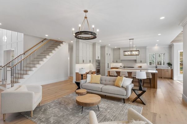 Chandelier, Interior, Kitchen, Living room, Pendant Lights, Recessed Lighting, Wood Texture Flooring