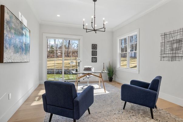Home Office, Interior, Pendant Lights, Recessed Lighting, Wood Texture Flooring
