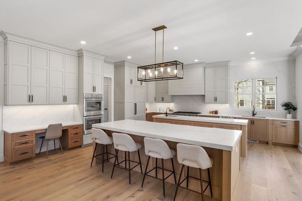 Interior, Kitchen, Marble Walls, Pendant Lights, Recessed Lighting, Stainless Steel Appliances, Wood Texture Flooring