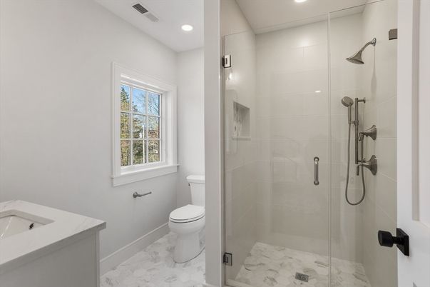 Bathroom, Glass Shower, Interior, Marble, Recessed Lighting