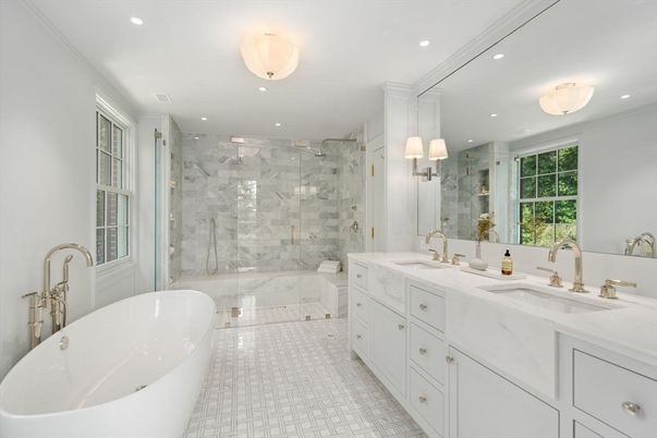 Bathroom, Dual Sink Vanities, Free Standing Baths, Glass Shower, Interior, Marble, Marble Walls, Recessed Lighting