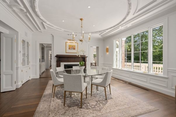Chandelier, Dining room, Fireplace, Interior, Pendant Lights, Recessed Lighting, Wood Texture Flooring