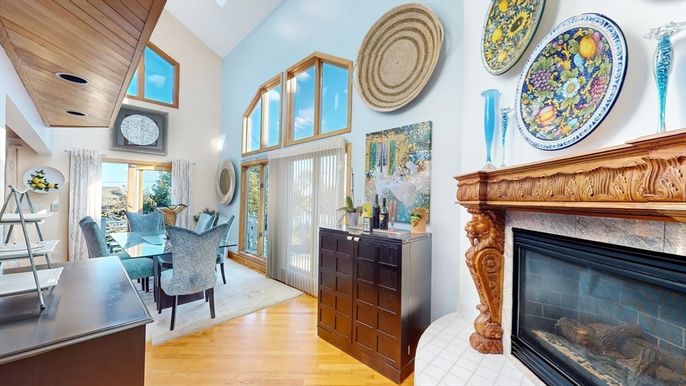 Dining room, Fireplace, Interior, Wood Texture Flooring