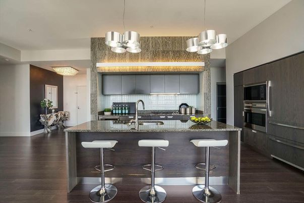 Chandelier, Interior, Kitchen, Pendant Lights, Stainless Steel Appliances, Wood Texture Flooring