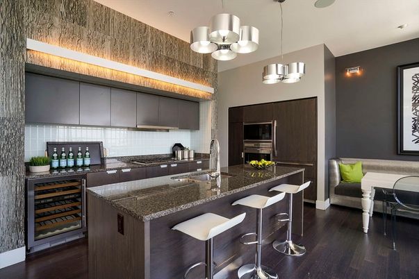 Interior, Kitchen, Pendant Lights, Stainless Steel Appliances, Wood Texture Flooring