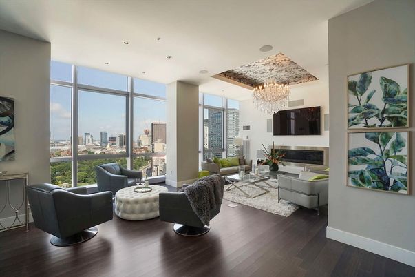 Chandelier, Fireplace, Interior, Living room, Recessed Lighting, Wood Texture Flooring