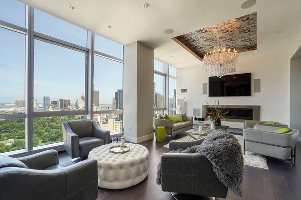Chandelier, Fireplace, Interior, Living room, Recessed Lighting, Wood Texture Flooring