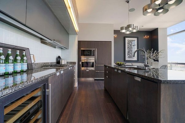 Interior, Kitchen, Pendant Lights, Stainless Steel Appliances, Wood Texture Flooring