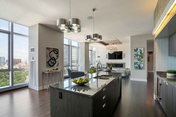 Chandelier, Fireplace, Interior, Kitchen, Living room, Pendant Lights, Wood Texture Flooring
