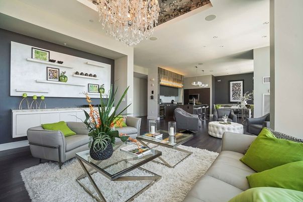 Chandelier, Dining room, Interior, Kitchen, Living room, Pendant Lights, Recessed Lighting, Wood Texture Flooring
