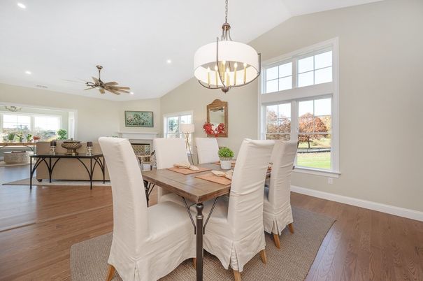 Dining room, Interior, Pendant Lights, Recessed Lighting, Wood Texture Flooring