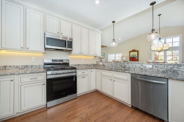 Interior, Kitchen, Pendant Lights, Recessed Lighting, Stainless Steel Appliances, Wood Texture Flooring