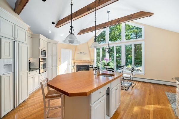 Dining room, Fireplace, Interior, Kitchen, Pendant Lights, Recessed Lighting, Wooden Beams, Wood Texture Flooring