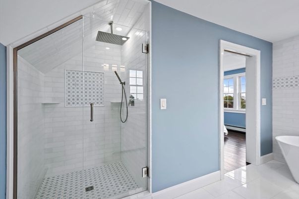 Bathroom, Free Standing Baths, Glass Shower, Interior, Recessed Lighting
