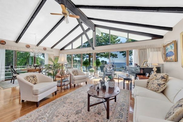Chandelier, Dining room, Interior, Living room, Piano, Sun Room, Water, Wood Texture Flooring