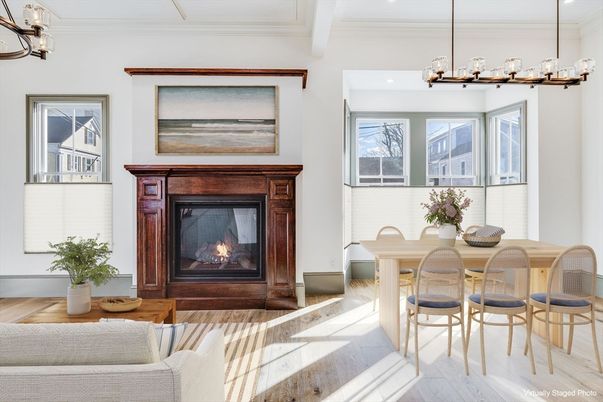 Dining room, Fireplace, Interior, Pendant Lights, Recessed Lighting, Wood Texture Flooring