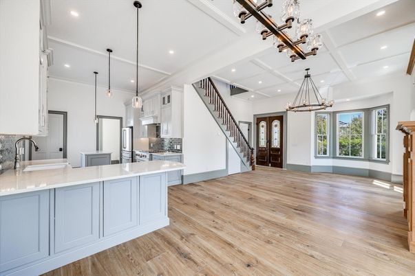 Chandelier, Interior, Kitchen, Pendant Lights, Recessed Lighting, Wood Texture Flooring
