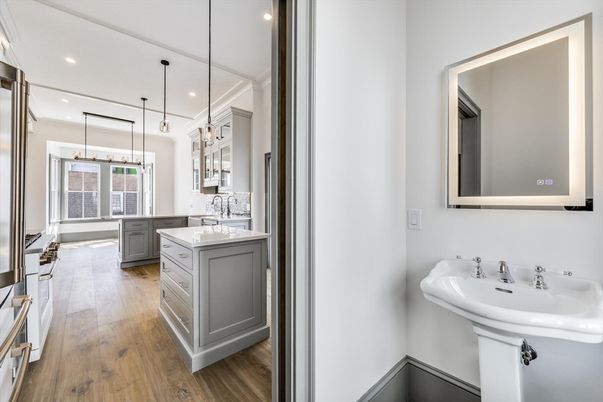 Bathroom, Interior, Pendant Lights, Recessed Lighting, Wood Texture Flooring