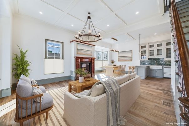 Chandelier, Dining room, Fireplace, Interior, Kitchen, Living room, Pendant Lights, Recessed Lighting, Wood Texture Flooring