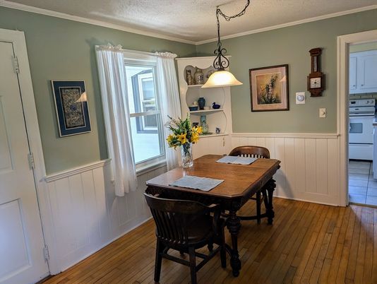 Dining room, Interior, Pendant Lights, Wood Texture Flooring