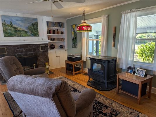 Fireplace, Interior, Living room, Pendant Lights, Wood Texture Flooring