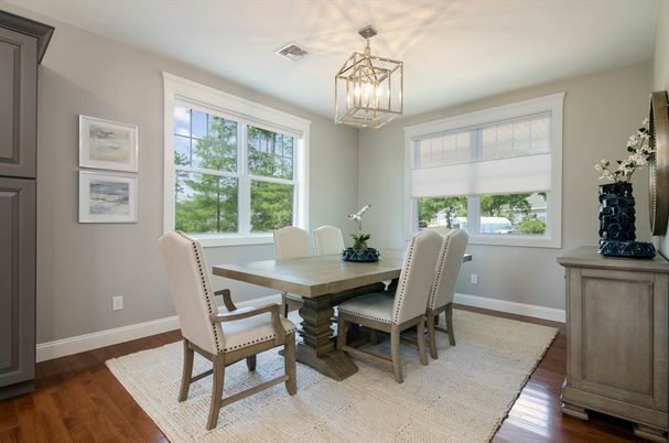Dining room, Interior, Pendant Lights, Wood Texture Flooring