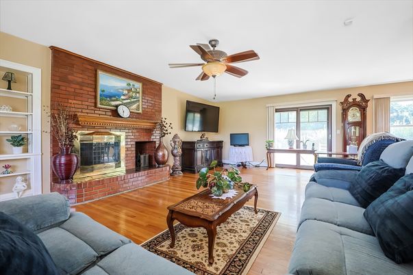 Fireplace, Interior, Living room, Stone Walls, Wood Texture Flooring