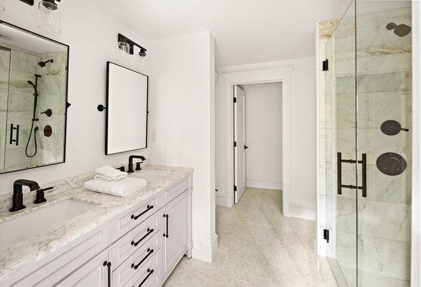 Bathroom, Dual Sink Vanities, Glass Shower, Interior, Marble Walls