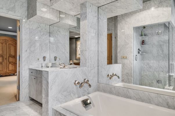 Bathroom, Glass Shower, Interior, Marble, Marble Walls, Recessed Lighting