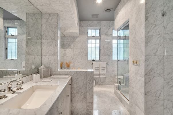 Bathroom, Dual Sink Vanities, Glass Shower, Interior, Marble, Marble Walls, Recessed Lighting
