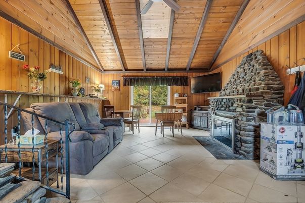Dining room, Fireplace, Interior, Living room, Stone Walls, Wooden Beams, Wooden Ceilings, Wooden Walls