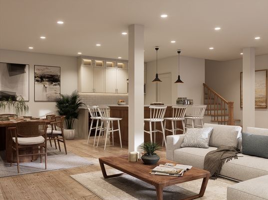 Dining room, Interior, Living room, Pendant Lights, Recessed Lighting, Wood Texture Flooring