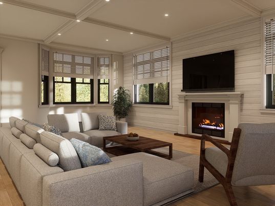 Fireplace, Interior, Living room, Recessed Lighting, Wood Texture Flooring