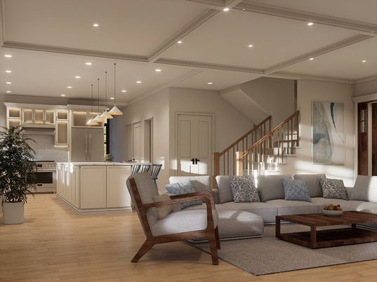 Interior, Kitchen, Living room, Pendant Lights, Recessed Lighting, Wood Texture Flooring