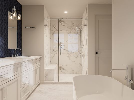 Bathroom, Dual Sink Vanities, Free Standing Baths, Interior, Marble, Marble Walls, Recessed Lighting