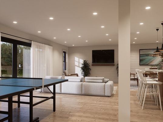Game Room, Interior, Living room, Pendant Lights, Recessed Lighting, Wood Texture Flooring