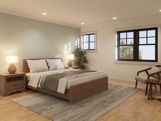 Bedroom, Interior, Recessed Lighting, Wood Texture Flooring