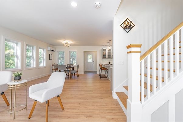 Dining room, Interior, Pendant Lights, Recessed Lighting, Wood Texture Flooring