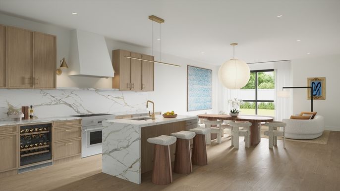 Dining room, Fireplace, Interior, Kitchen, Living room, Marble Walls, Pendant Lights, Recessed Lighting, Wood Texture Flooring