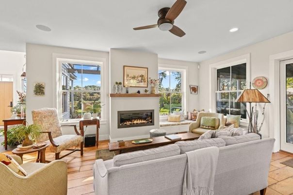 Fireplace, Interior, Living room, Recessed Lighting, Wood Texture Flooring