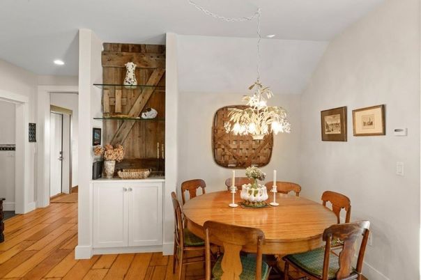 Dining room, Interior, Pendant Lights, Recessed Lighting, Wood Texture Flooring