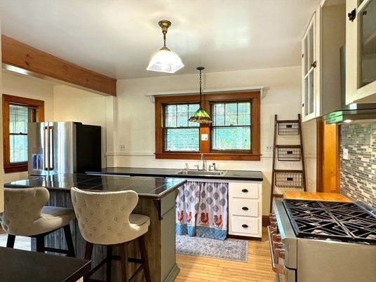 Interior, Kitchen, Pendant Lights, Stainless Steel Appliances, Wooden Beams, Wood Texture Flooring