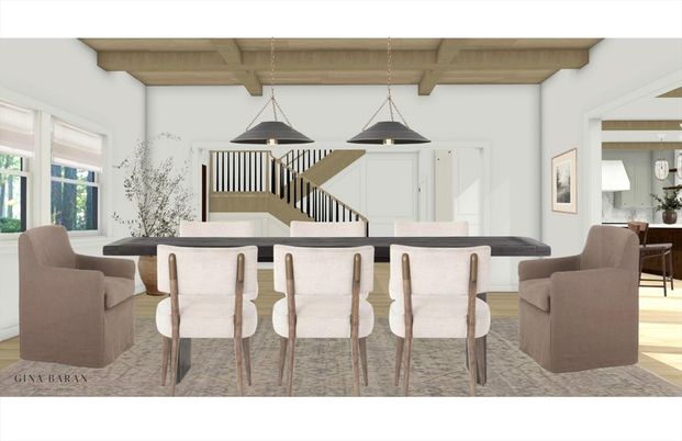Dining room, Interior, Pendant Lights, Wooden Beams, Wood Texture Flooring