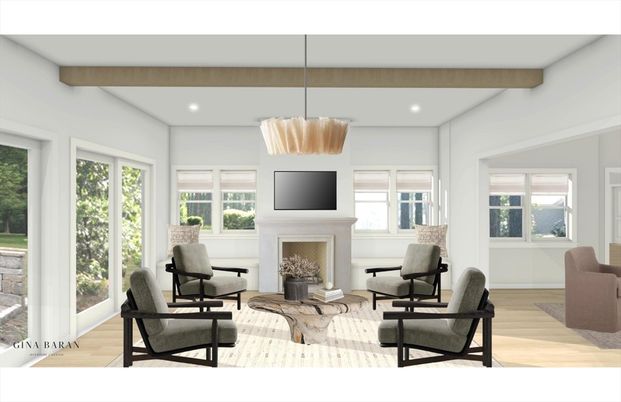 Fireplace, Interior, Living room, Pendant Lights, Recessed Lighting, Wooden Beams, Wood Texture Flooring