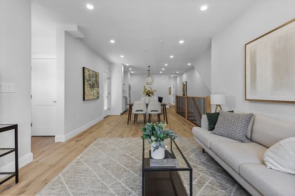 Dining room, Interior, Living room, Pendant Lights, Recessed Lighting, Wood Texture Flooring
