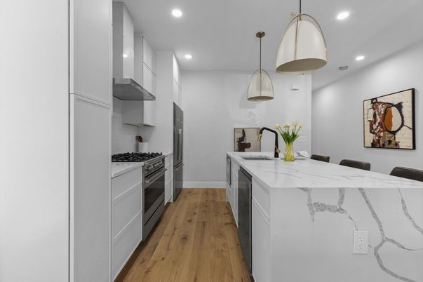 Interior, Kitchen, Pendant Lights, Recessed Lighting, Stainless Steel Appliances, Wood Texture Flooring