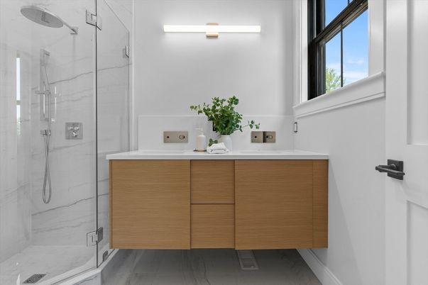 Bathroom, Dual Sink Vanities, Glass Shower, Interior, Marble Walls